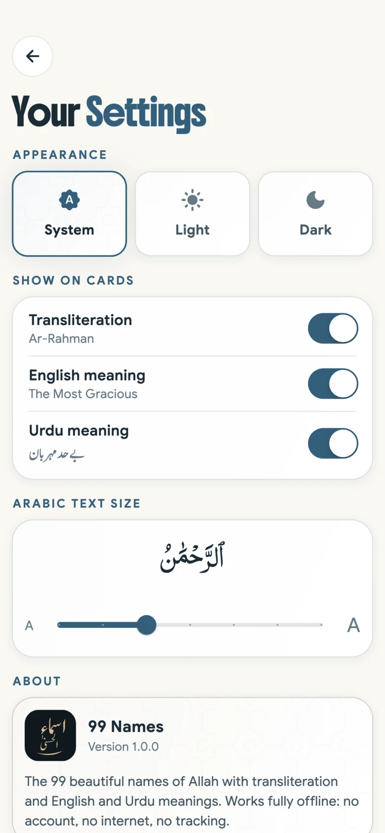 Settings: theme, card contents and Arabic text size